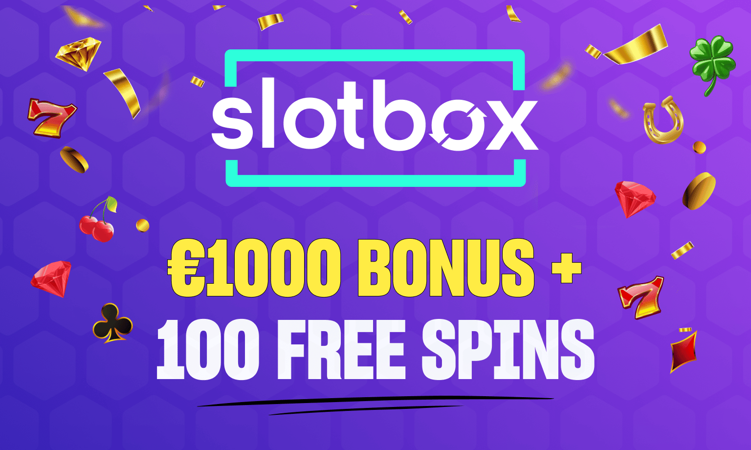 Slotbox logo and offer with slot machine symbols falling.